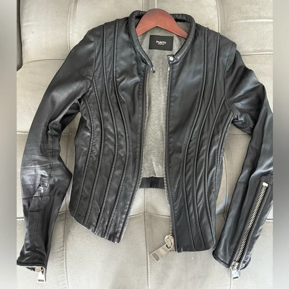 Sandro Style Punto Leather Jacket Black Size US 6-8 Italian Brand PUNTO Leather - Picture 2 of 16